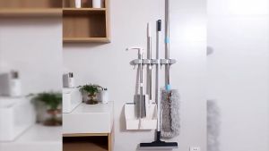 Broom Mop Holder Wall Mount Self Adhesive No Drilling Storage Rack with Hooks Organizer for Home Kitchen Bathroom Garage Tools