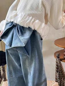 Retro Straight Leg Denim Jeans for Girls with Bow Tie Korean Style Spring Autumn Fashionable Cool Sweet Long Pants