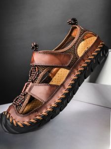 SHIPAILUO | Mens Summer Breathable Leather Sandals Slip-On Beach Shoes Anti-Odor Soft Bottom Two-Way Slippers Casual Daily Wear