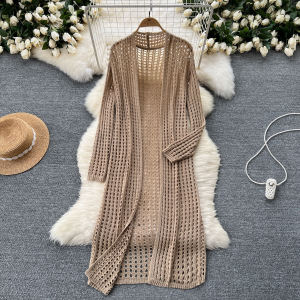 Korean Style Idle Style Mid Length Long Length Inverness Womens Stylish Cut Out Knitting Cardigan Outer Wear Loose Blouse Summer Wear