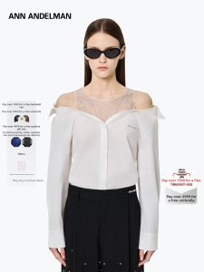 ANN ANDELMAN | Crystal Embroidery Mesh See-Through Patchwork Off-shoulder Shirt