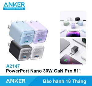 Củ Sạc Anker 30W Nano 3 51 GaN Pro sạc nhanh Type C - A2147 Màu Đen Trắng Xanh Tím Chân Gập HD Store
