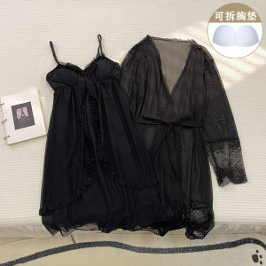 Womens Long Sleeve Modal Nightgown Set with Chest Pad V-Neck Mid-Length Hollow out Home Wear Sleepwear in Pure White