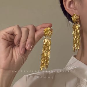 Rose Wheat Ear Rings Chinese Style Womens Ancient Costume Gold Flower Tassel Match Qipao Hanfu Earring Decorations