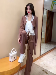 Thanh Lịch Ren Viền Áo Blouse Nhỏ Áo Khoác Và Ống Rộng Quần Chân Váy Midi Bộ Dành Cho Nữ Trang Phục Ba Mảnh