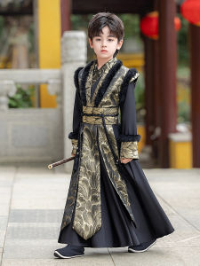 Elegant Boys Ming Dynasty Style Hanfu Winter Clothes Childrens National Costume with Fleece for Boys Fashionable Traditional Wear