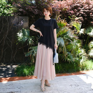 Summer T-Shirt with Lace Edges and Asymmetrical Hem Women