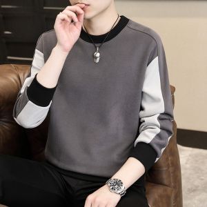 ROMON | Romon Mens Hoodie Spring 2025 New Trend Splice Color Long Sleeve Round Neck T-shirt Casual Base Shirt Loose Fit Antioxidant