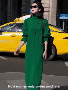 Green Turtleneck Elegant Loose Lazy Knit Dress