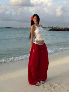 Quần Dài Thường Ngày Màu Đỏ BLINGBé GáiS Thiết Kế Rộng Rãi Ống Đứng Xếp Ly Dáng Rộng Mỏng Thoải Mái Dài Đến Mắt Cá Chân