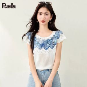 puella | Korean Style Simple Versatile Lace Hollow-out Wavy Stripes Knit Loose Waist-length Short Sleeve Womens Blouse