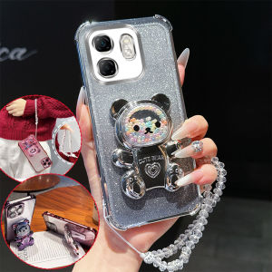 4 Corner Shockproof Phone Case with Cute 3D Bear Stand Crystal Chain Lanyard Transparent For Infinix Smart 9 Hot 50i Back Cover