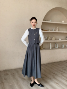 XXNING | Bộ Áo Gile và Chân Váy Kiểu Pháp Elegante Có Nơ Trang Trí