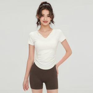 aziztas | V-Neck Ruched Waist Fitness Top Short Sleeve