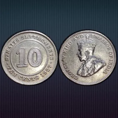 JL Antiques Malaysia Banknote Silver Coin Malaya British King George V and Emperor of India 10 cent Straits Settlement