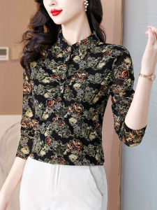 เสื้อเชิ้ตผู้หญิงแขนยาวลายดอกไม้ ทรงหลวม สไตล์สตรีท ฤดูใบไม้ร่วง 2024 เสื้อเชิ้ตคอโปโลผ้าตาข่ายพิมพ์ลายแฟชั่น