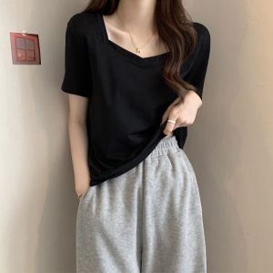 plus Size Womens Design Neck Short Sleeve Square Shoulder T-Shirt Summer Slimming Top Cotton Commute Style  Shape