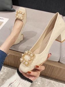French Style Square Head Chunky Heel Womens Shoes Spring Summer New Elegant Light Mouth Champagne Color Professional Single Shoes Not Tired