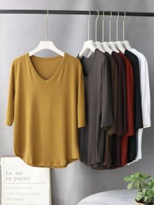 Deep V Neck Pullover Mid-Sleeve Bottoming Shirt Female 2024 Spring and Summer Daily Easiest for Match Casual Single Wear Comfortable Minimalist Pure Color T-shirt
