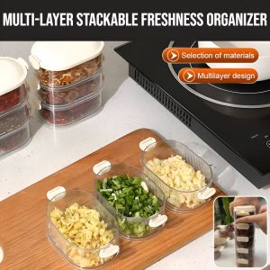 Multi-Layer Stackable Freshness Organizer Food Grade Sealed Box Preservation Fridge Organizer Cover Sealed  Dustproof Spice Container Transparent Design