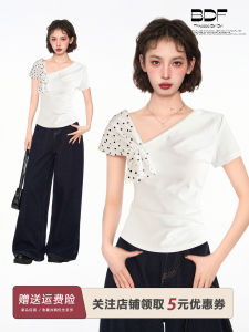 White Polka Dot Shoulder Bared Short Sleeve T Shirt Women Summer Slim Fit Short Length Irregular Regular Shoulder Top