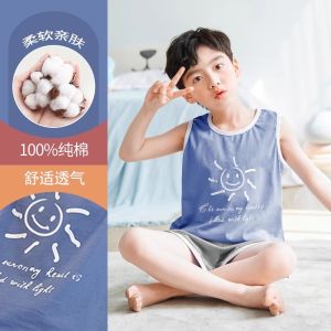 ชุดนอนเด็กชายผ้าฝ้ายลายทางฤดูร้อนใหม่ ชุดอยู่บ้านแขนสั้นผ้าฝ้าย ชุดเด็กผู้ชาย ชุดนอนเย็นสบายสำหรับเด็กวัยเตาะแตะ