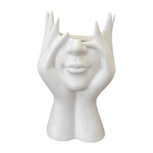 Pen Holder & Desk Decor White Abstract Face Sculpture with Hands Modern Office Desktop Organizer for Pens Makeup Brushes