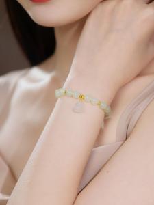 ZHOU LIU FU 周六福 24K Solid Gold Hetian Jade Bracelets Green Gourd Charms Gradual Color Beaded Bracelets Stretch Dainty Jewelry for Women 17CM Y1914375