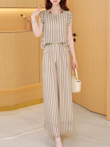 Shalldoer | Bộ đồ hai mảnh thời trang mùa hè cho nữ tay ngắn quần ống rộng thiết kế sọc thanh lịch thường ngày