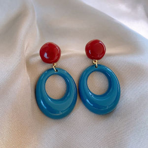 Exaggerated Red And Blue Hoop Earrings Womens Fashion Jewelry Vintage Hong Kong Style Fresh out Alloy Geometric Earrings