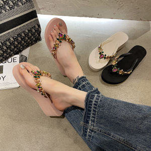 Anti-Slip Womens Sandals Summer 2024 Diamond Rhinestone Thick Heel Platform Slippers Beach Vacation Comfortable EVA Footbed