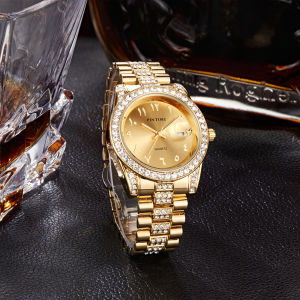 Gold Diamond Quartz Watch Luxury Full Crystal Dress Wristwatch Stainless Steel Band Waterproof