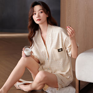 Miiow | Pure Cotton Summer Striped Short Sleeve Open Cardigan Sleepwear Womens Style Short Pants Set Wearable Outdoor Home Clothes