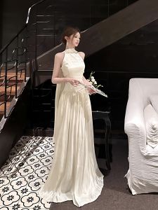 French High Gloss Sensation Dress Neck Hanging Sash Evening Gown Birthday Party Elegant Waist Slim Long Dress Hepburn Style