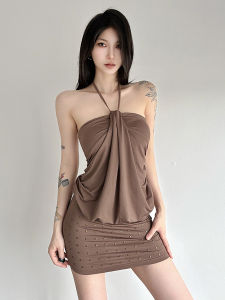 SylCue Vintage เรโทร Cool Shoulder Strap Dresses Slimming Waist Short Wrap Skirts Nylon Dresses for Women Summer Dresses