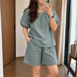 WOMEN’S COTTON LINEN TERNO SET | PUFF SLEEVE TOP & KNEE-LENGTH SHORTS | 2-PIECE CASUAL OUTFIT | RELAXED FIT | PLUS SIZE S-M TO 2XL-3XL