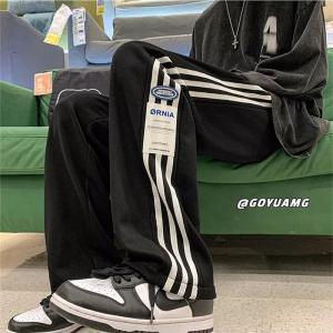 กางเกงขายาวทรงตรงผ้าขนแกะสำหรับผู้ชาย ฤดูใบไม้ร่วง/ฤดูหนาว สไตล์เกาหลี เทรนด์สตรีทแฟชั่น กางเกงขายาวลายทางสีดำและสีเทา