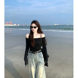 Black Shoulder Bared Long Sleeve Slim Fit Womens T-shirt Early Autumn New Style Sweet And Spicy Short Inner Wear Top