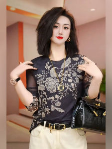 Elegant round Neck Long Sleeve Mesh Base Top Womens Fashion T-Shirt Korean Style Slim Fit Print Polyester Fiber Autumn New Arrival