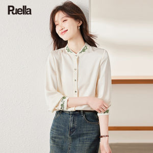 puella | Embroidered Mandarin Collar Long Sleeve Shirt for Office Chinese Style Spring