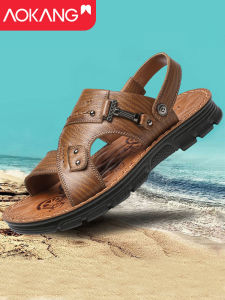 Aokang Mens Sandals Genuine Leather Summer Thick Soft Bottom Beach Slippers Casual Dad Shoes Breathable Slip-On Flat Heel