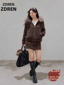 ZHANGDAREN | Bộ Áo Khoác Mùa Đông Dày Cho Phụ Nữ Plus Size Có Cổ Lông Màu Cà Phê Sâu Gồm Áo Khoác và Váy Ngắn