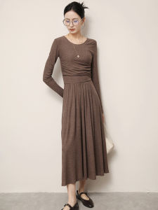 Elegant XUS Silk Long Dress Womens Slim Fit round Neckline Waist-Cinching Commute Appropriate Autumn Season Gown