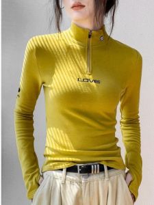 WANGGONGZHU | Long Sleeve Zipper T-Shirt Womens Autumn Winter Double-sided Velvet Letter Embroidery Slim Fit Commute Style Fashion Top