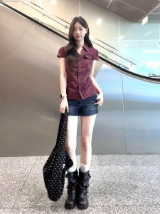 XIANGBAIWEI | Vintage Check Red Short Sleeve Blouse