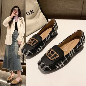 Giày Lười Kẻ Caro Nữ Màu Kaki/đen Kẻ Sọc Giày Gót Thấp Có Khóa Kim Loại Phong Cách Công Sở OL Giày Công Sở Thanh Lịch Giày Đế Vuông DOrsay