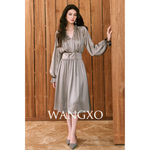 WANGXO | Đầm Dài Tay Voan Họa Tiết Thắt Dây eo V-Neck Có Nếp Ly