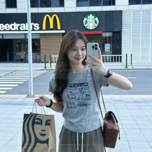 CHOEFULYN | Áo Thun Tay Ngắn In Hình Xám Độc Đáo Phong Cách Mùa Hè