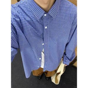 Retro Blue Plaid Color Block Long Sleeve Shirt Spring Autumn Casual Loose Top Coat Vintage Style Straight Cut Hollow out Design