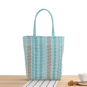Handwoven Plastic Stripe Tote Bag Casual Shopping Basket Summer Vegetable Basket Fashionable Trendy Soft Shoulder Handbag